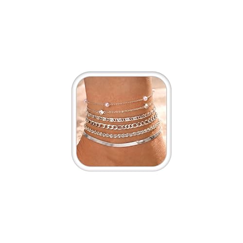 Subiceto Ankle Bracelets for Women Waterproof - 14K Gold Plated Non Tarnish Anklets Set Dainty Stainless Steel Stackable Layered for Beach Summer Jewelry Adjustable - color: 6Pcs-Silver