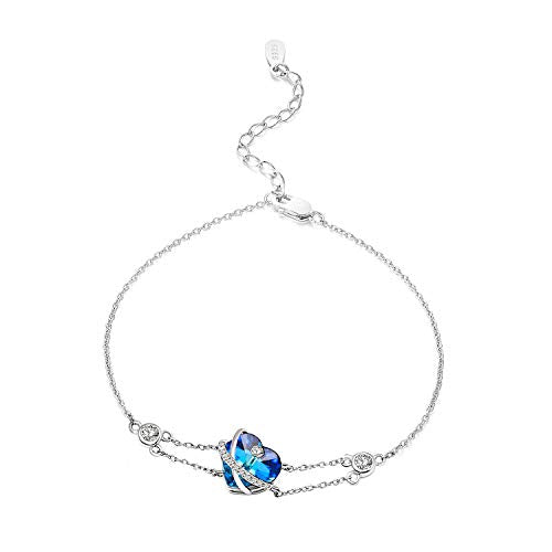 AOBOCO I Love You Jewelry - Sterling Silver Blue Purple Love Heart Bangle Bracelet Embellished with Crystals from Austria, Fine Anniversary Birthday Jewelry Gifts for Women - style: 04 Blue Bracelet
