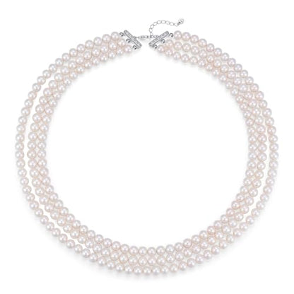 Freshwater Pearl Choker Necklace; Triple-Layer Pearl Necklaces for Women | 6-7mm Real Pearl Necklace; Sterling Silver Necklace; Classic Pearl Necklace