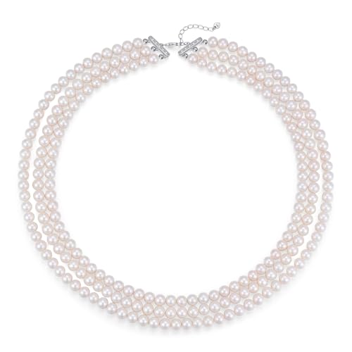Freshwater Pearl Choker Necklace; Triple-Layer Pearl Necklaces for Women | 6-7mm Real Pearl Necklace; Sterling Silver Necklace; Classic Pearl Necklace