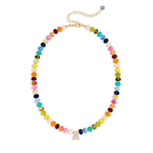Colorful Beaded Initial Necklace for Women - Colorful Letter A-Z Necklaces, 14K Gold Plated Zirconia Bubble Letter Charm, Women Gold Jewelry Personalized Birthday Gifts - color: A