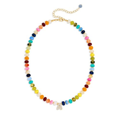 Colorful Beaded Initial Necklace for Women - Colorful Letter A-Z Necklaces, 14K Gold Plated Zirconia Bubble Letter Charm, Women Gold Jewelry Personalized Birthday Gifts - color: A