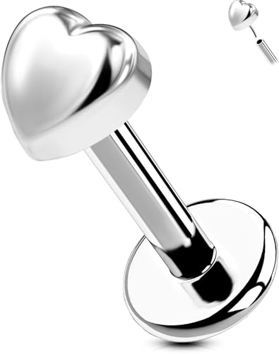 OUFER G23 Titanium Threadless Labret Studs – Flat Back Push Pin Earrings for Tragus, Helix, Monroe, Conch, Lip Piercing – 16G/18G, 6MM/8MM - color: Silver-Heart, size: 16g 6mm