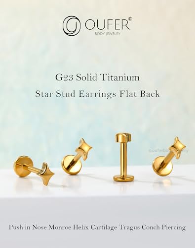 OUFER G23 Titanium Threadless Labret Studs – Flat Back Push Pin Earrings for Tragus, Helix, Monroe, Conch, Lip Piercing – 16G/18G, 6MM/8MM - color: Gold-4Star, size: 20g 12mm