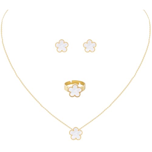 Gold Plated Stainless Steel Four Leaf Clover Necklace Earrings And Ring Jewelry Set for Women
