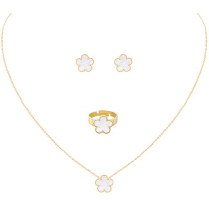 Gold Plated Stainless Steel Four Leaf Clover Necklace Earrings And Ring Jewelry Set for Women