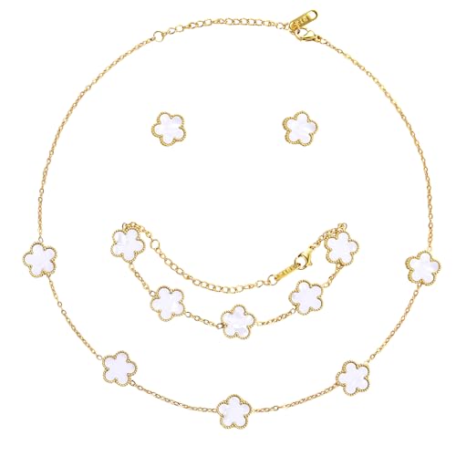 AmorArtSky Lucky Clover Jewelry Set - 18K Gold Plated Flower Design Five Leaf Bracelet, Necklace Pendant, Earrings for Women - Lucky Gifts for Mom, Wife, Daughter, Friends - style: Lucky Clover Jewelry Sets_White