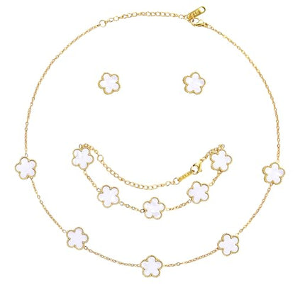 AmorArtSky Lucky Clover Jewelry Set - 18K Gold Plated Flower Design Five Leaf Bracelet, Necklace Pendant, Earrings for Women - Lucky Gifts for Mom, Wife, Daughter, Friends - style: Lucky Clover Jewelry Sets_White