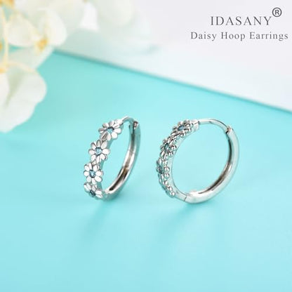 Sterling Silver Hoop Earrings for Women, Dainty Small Huggie Hoop Earrings | Hypoallergenic Daisy Color Cubic Zirconia Flower Hoops Earring Jewellery Gifts for Ladies Birthday Wedding, 12mm Hoop - color: Blue