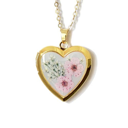 Handmade Heart Shaped Dried Pressed Forget Me Not Flower Photo Locket Pendant Necklace - color: Gold, style: PINK+GREY