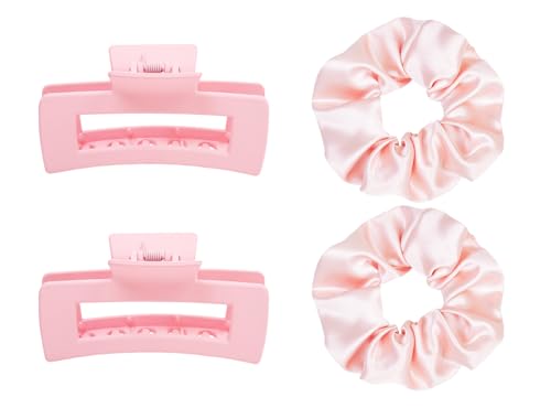Claw Clips and Scrunchies Set 4pcs – 2 Medium Hair Clips, 2 Satin Scrunchies, Non-Slip Matte Square Hair Claws, Hair Accessories for Back to School, Birthday Gift, Daily Use, Light Pink - color: Light Pink
