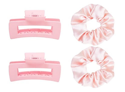 Claw Clips and Scrunchies Set 4pcs – 2 Medium Hair Clips, 2 Satin Scrunchies, Non-Slip Matte Square Hair Claws, Hair Accessories for Back to School, Birthday Gift, Daily Use, Light Pink - color: Light Pink