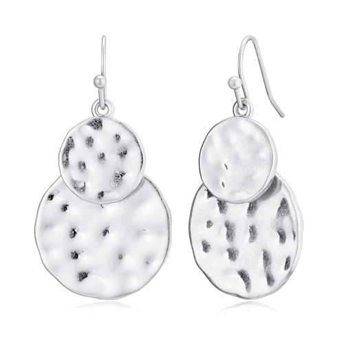 Antique Gold Hammered Disc Drop Earrings Boho Earrings with Two Tone Jewelry Gift - color: EH21299B