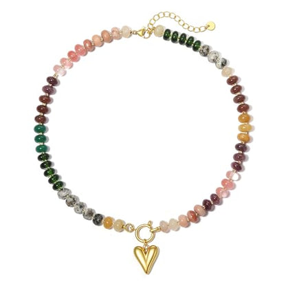 Beaded Necklace for Women,Natural Gemstone Necklace for Women,Colorful Bead Choker Necklace Handmade Surfer Beach Necklace Trendy Jewelry Gift for Women - style: With Heart Charm