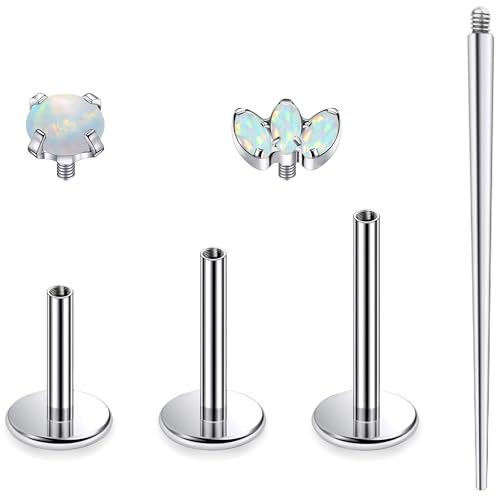 Titanium Flat Back Lip Rings Internally Threaded Earrings Studs Nose Rings 16G Opal CZ Tragus Cartilage Lobe Rook Helix Conch Labret Medusa Piercing Jewelry for Women Men W Piercing Taper Set - style: Three Opal