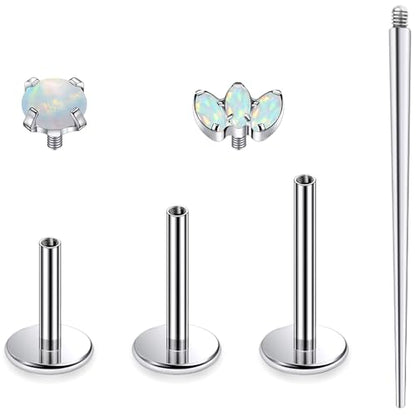 Titanium Flat Back Lip Rings Internally Threaded Earrings Studs Nose Rings 16G Opal CZ Tragus Cartilage Lobe Rook Helix Conch Labret Medusa Piercing Jewelry for Women Men W Piercing Taper Set - style: Three Opal