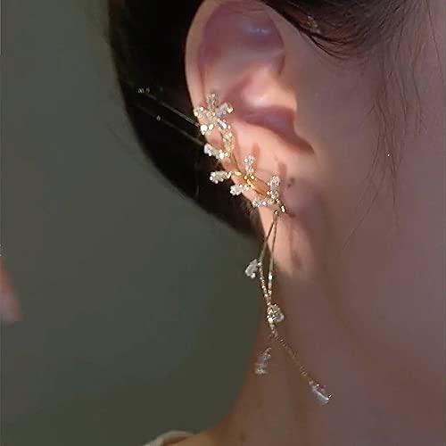 BETHYNAS Glitter Rhinestone Butterfly Flower Ear Cuff Sparkly Non-Pierced Crystal Tassel Fake Earrings Climber Lady Ear Wrap Bridal Party Ear Jewelry for Women and Girls - color: Gold Tassel Leaf