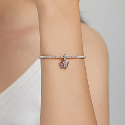 Hummingbird Charms For Bracelets 925 Sterling Silver Animal Dangle & Beads Butterfly Cat Beads Charms For Women Jewelry Gift - color: blue butterfly