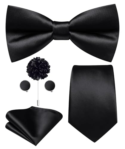 Hi-Tie 5Pcs Mens Solid Color Silk Tie Satin Pretied Bowtie Lapel Pin for Men Handkerchief Cufflink Wedding Gift Box - color: Black