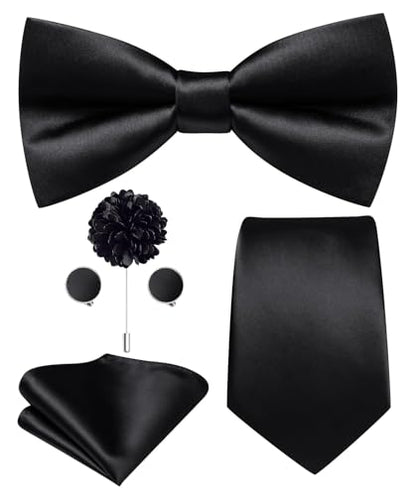 Hi-Tie 5Pcs Mens Solid Color Silk Tie Satin Pretied Bowtie Lapel Pin for Men Handkerchief Cufflink Wedding Gift Box - color: Black