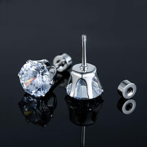VOLUKA Cubic Zirconia Stainless Steel Screw Flat Back Earring - Hypoallergenic Stud Earrings for Women & Men - 316L Titanium CZ Stud Earrings for Nickel-Free, Trendy & Elegant - color: 6 Pairs- 3-8mm Flat Back -White