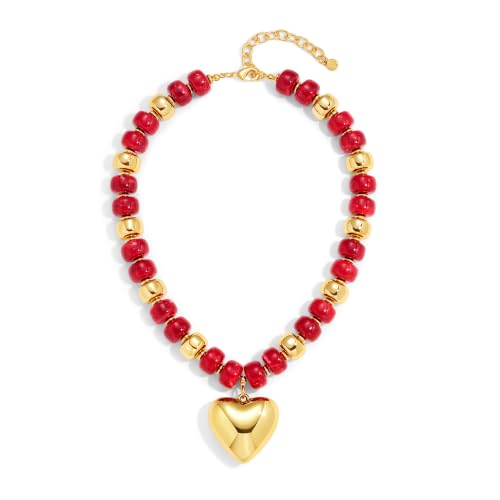 Resin Chunky Colorful Beaded Necklace | Adjustable Boho Statement Necklace,Summer Beach Party Jewelry - color: Heary+Red