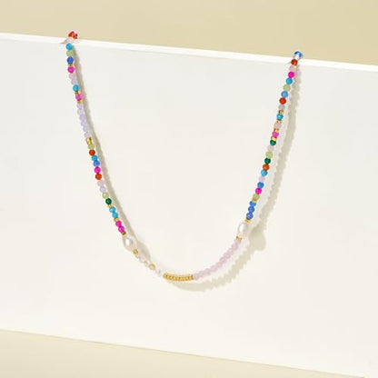 KissYan Beaded Choker Necklace for Women, Colorful Natural Gemstones Pearl Choker 14K Gold Plated Pendant Healing Crystal Necklace Handmade Stone Jewelry Gift | 14K Gold Plated Pendant Necklaces, Natural Gemstones Pearl Choker, Healing Crystal Chain, Hand