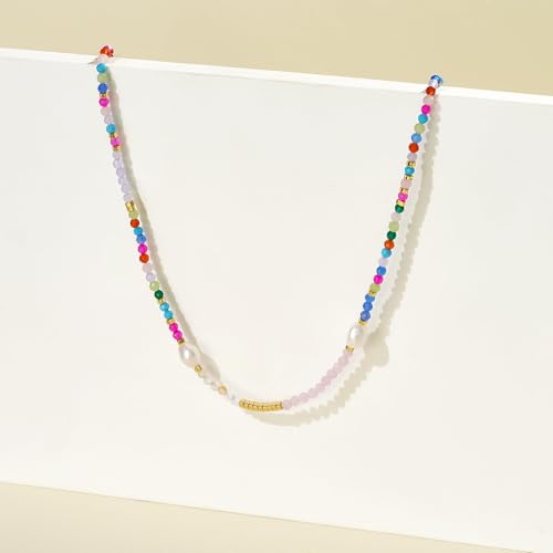 KissYan Beaded Choker Necklace for Women, Colorful Natural Gemstones Pearl Choker 14K Gold Plated Pendant Healing Crystal Necklace Handmade Stone Jewelry Gift | 14K Gold Plated Pendant Necklaces, Natural Gemstones Pearl Choker, Healing Crystal Chain, Hand