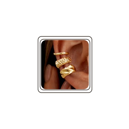 14K Gold Plated Layered Chunky Ear Cuff for Women Thick Ear Clips | Ear Cuff Earrings for Women,Hammered Texture design，Lightweight Hypoallergenic Ear Clips，trendy Jewelry for Daily Party Prom - color: gold 6