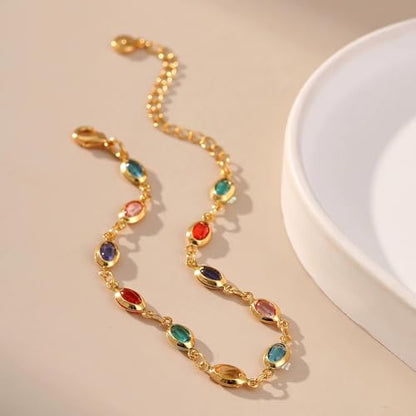 Dainty Gold Bracelets for Women, 18 Gold Plated Adjustable Evil Eye/Butterfly/Beaded/Pearl/Heart/Turquoise Handmade Bracelet for Women - style: oval colorful cubic zirconia