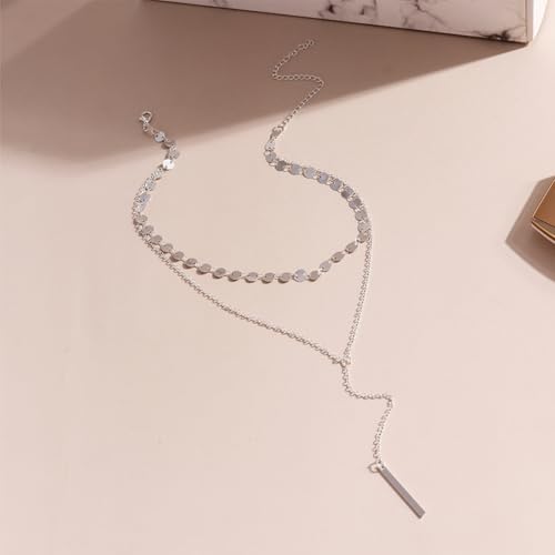 14K Gold Plated Y Necklace for Women – Dainty Lariat Long Pendant Chain, Layered Drop Necklace for V Neck Dress, Simple Sexy Cleavage Jewelry Gifts for Women - color: Silver - Double layered - Sugar cube