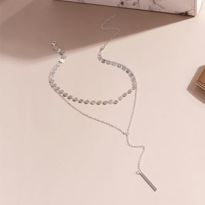 14K Gold Plated Y Necklace for Women – Dainty Lariat Long Pendant Chain, Layered Drop Necklace for V Neck Dress, Simple Sexy Cleavage Jewelry Gifts for Women - color: Silver - Double layered - Sugar cube