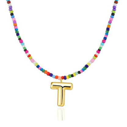 Colorful Initial Necklaces Gifts for Girls Kids Teens, 6-18 Year Old Girl Birthday Gift Teen Girl Gifts Trendy Stuff Gold Bubble Letter Pendent Necklace Jewelry - style: T