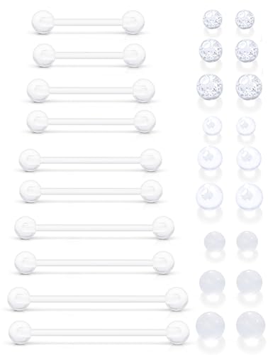 6mm-38mm 14G 16G Clear Plastic Nipple Tongue Ring Industrial Earrings for Surgery Pregnancy Belly Button Ring Bioflex Flexible Acrylic Straight Barbells Piercing Jewelry Retainer for Work Sport - color: 14G Bar Length 14mm-25mm-Balls