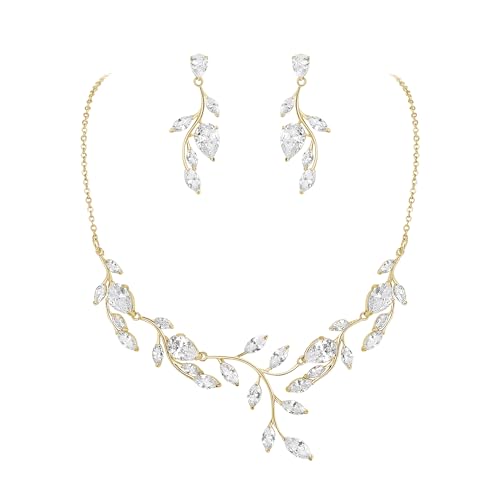 Crysdue Women's Wedding Bridal Jewelry Set for Brides Bridesmaids Cubic Zirconia Flower Leaf Vine Necklace Dangle Earrings for Prom Party - style: 24-silver