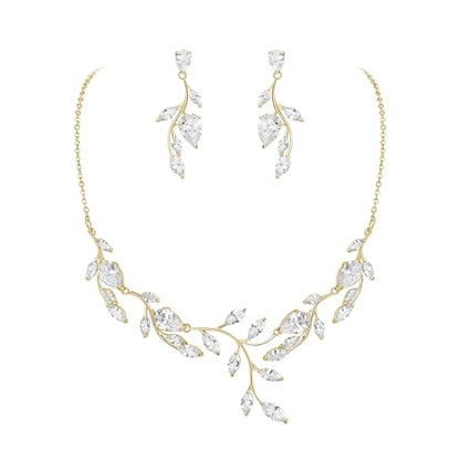 Crysdue Women's Wedding Bridal Jewelry Set for Brides Bridesmaids Cubic Zirconia Flower Leaf Vine Necklace Dangle Earrings for Prom Party - style: 24-silver