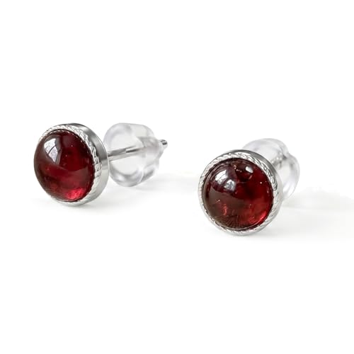 Garnet Earrings, 925 Sterling Silver Stud Earrings Hypoallergenic, January Birthstone Jewelry for Women