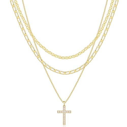 Kyerlyn Cross Necklace for Women,Stackable Stacked Stacking Layering Layered Necklaces Set Dainty 14 K Gold Paperclip Box Flat Mariner Chain Pendant CZ Simple Jewelry Gif t