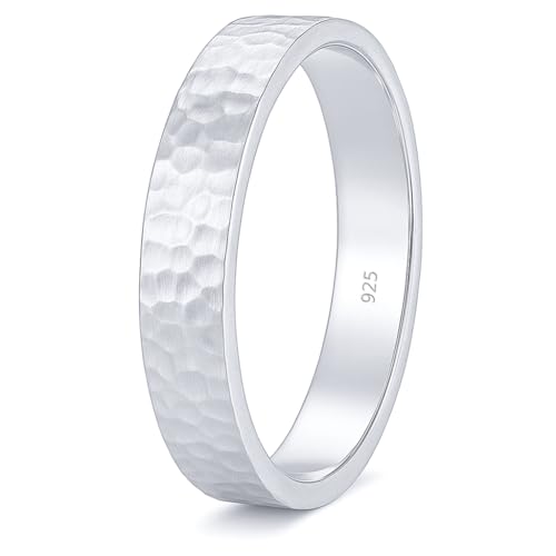 925 Sterling Silver Wedding Ring Hammered Flat Pipe Cut Textured Thick & Durable Handmade Unisex Mens & Women Rustic Engagement Promise Band - US Size 4-13 - Custom Engraving - color: 01 - 4mm Silver