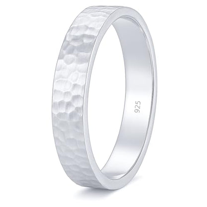 925 Sterling Silver Wedding Ring Hammered Flat Pipe Cut Textured Thick & Durable Handmade Unisex Mens & Women Rustic Engagement Promise Band - US Size 4-13 - Custom Engraving - color: 01 - 4mm Silver