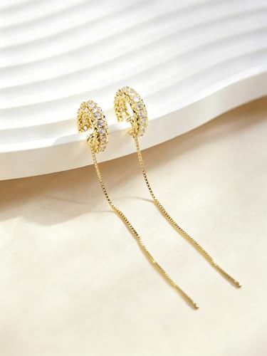 Long Chain Cuff Earrings Gold Silver Wrap Tassel Earrings Minimalist Cz Round Stud With Chain Cuff Double Piercing Jewelry Statement Fake Earrings for Women - color: style2-gold-2pcs