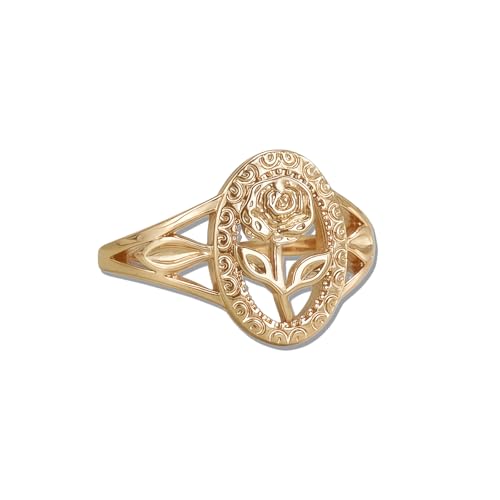 Flower Ring for Women, Vintage Hollow Gold Tone Oval Rose Band Cute Carved Floral Finger Ring Retro Statement Promise Anniversary Jewelry Gift