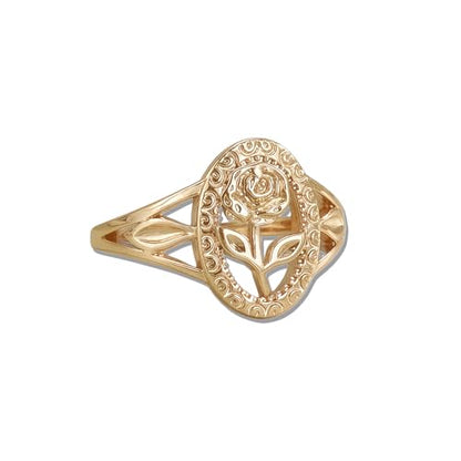 Flower Ring for Women, Vintage Hollow Gold Tone Oval Rose Band Cute Carved Floral Finger Ring Retro Statement Promise Anniversary Jewelry Gift