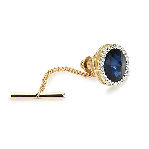 Men's Classic Round Crystal Men's Tie Tack Gold Color Tie Tack Clutch Back Fashion Necktie Tack Pin with Chain Crystal Lapel Pins Brooch - color: Royal Tie Tack