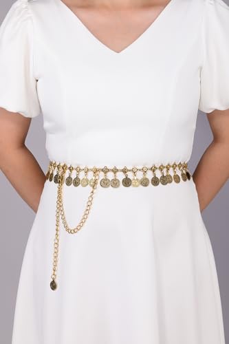 CHIC DIARY Metal Chain Belt for Women Coin Belly Link Tassel Belt for Dress | Boho Style Coin Pendant Tassel Belt Gold/Silver Adjustable Concho Belly Dance Belts for Dresses Skirts Jeans - color: Gold