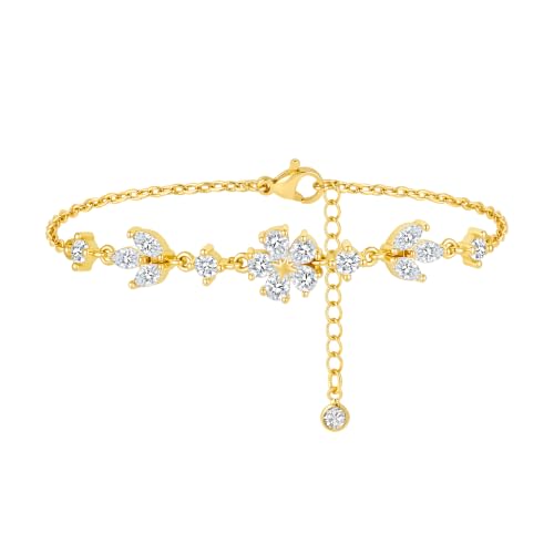 Gold Bracelets for Women Pearl Bracelet 14k Gold/White Gold Plated | Dainty Cubic Zirconia CZ Accented, Bridesmaid Jewelry, Prom Bracelet, Wedding Bracelets for Brides - color: gold-flower leaf