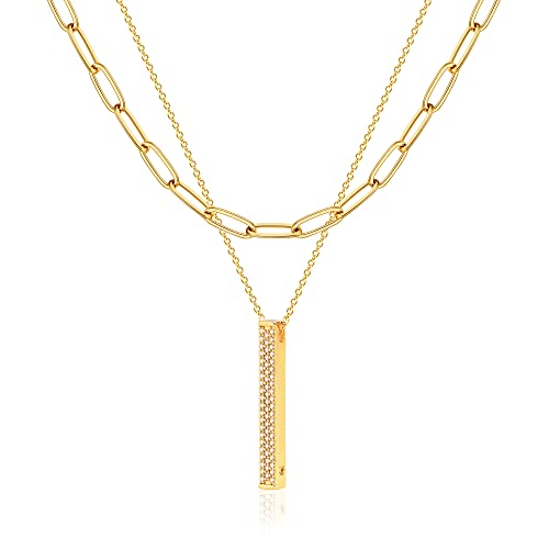 MEVECCO Dainty Pendant Layered Necklaces for Women | 18K Gold Plated Brass, 2-Piece Set With A Choker-Length Upper Layer, Wear Together Or Separately, Refined Everyday Style - style: Layer Vertical Bar