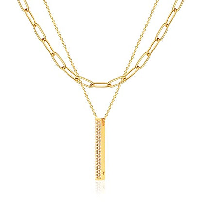 MEVECCO Dainty Pendant Layered Necklaces for Women | 18K Gold Plated Brass, 2-Piece Set With A Choker-Length Upper Layer, Wear Together Or Separately, Refined Everyday Style - style: Layer Vertical Bar