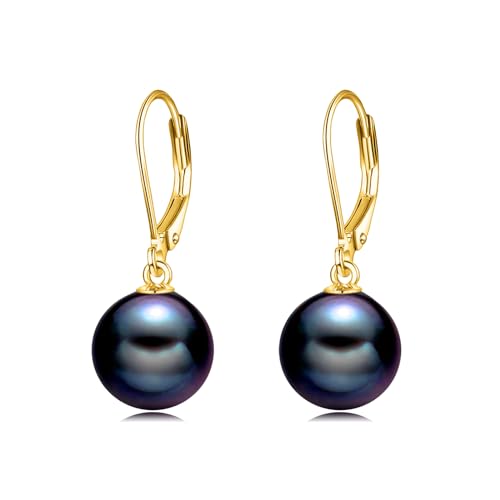 925 Sterling Silver Pearl Leverback Earrings Dangle Drop Jewelry Gifts for Women - style: Black Pearl-Gold