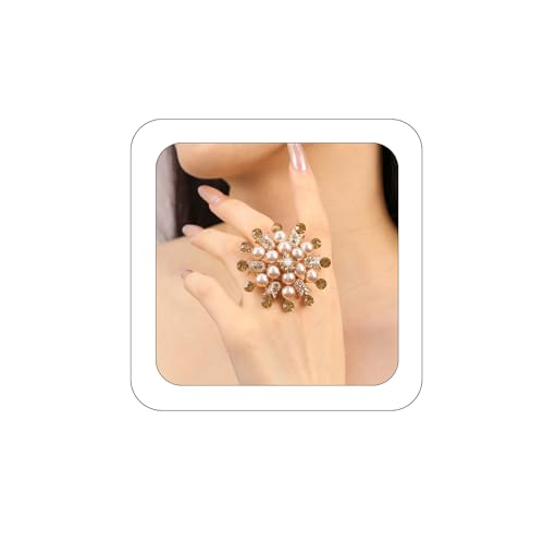 Elegant Big Crystal Ring for Women Gold Stacking Pearl Rhinestone Flower Rings Open Finger Adjustable Crystal Statement Ring Jewelry for Bridal Wedding - color: Crystal 1-gold